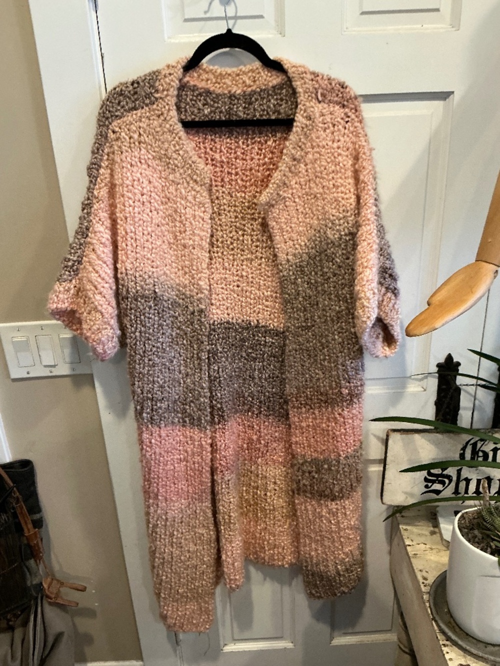 Homemade long cardigan in dreamy pinks! Appears to be  XL